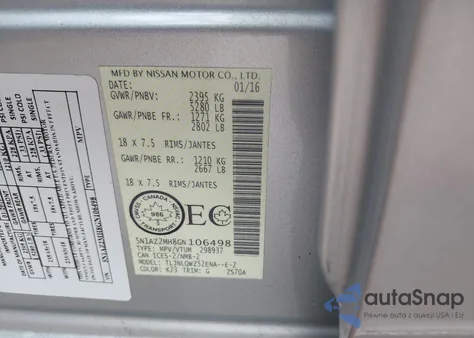 2016 Nissan Murano Platinum/S/Sl/Sv из США, поврежденный, VIN 5N1AZ2MH8GN106498